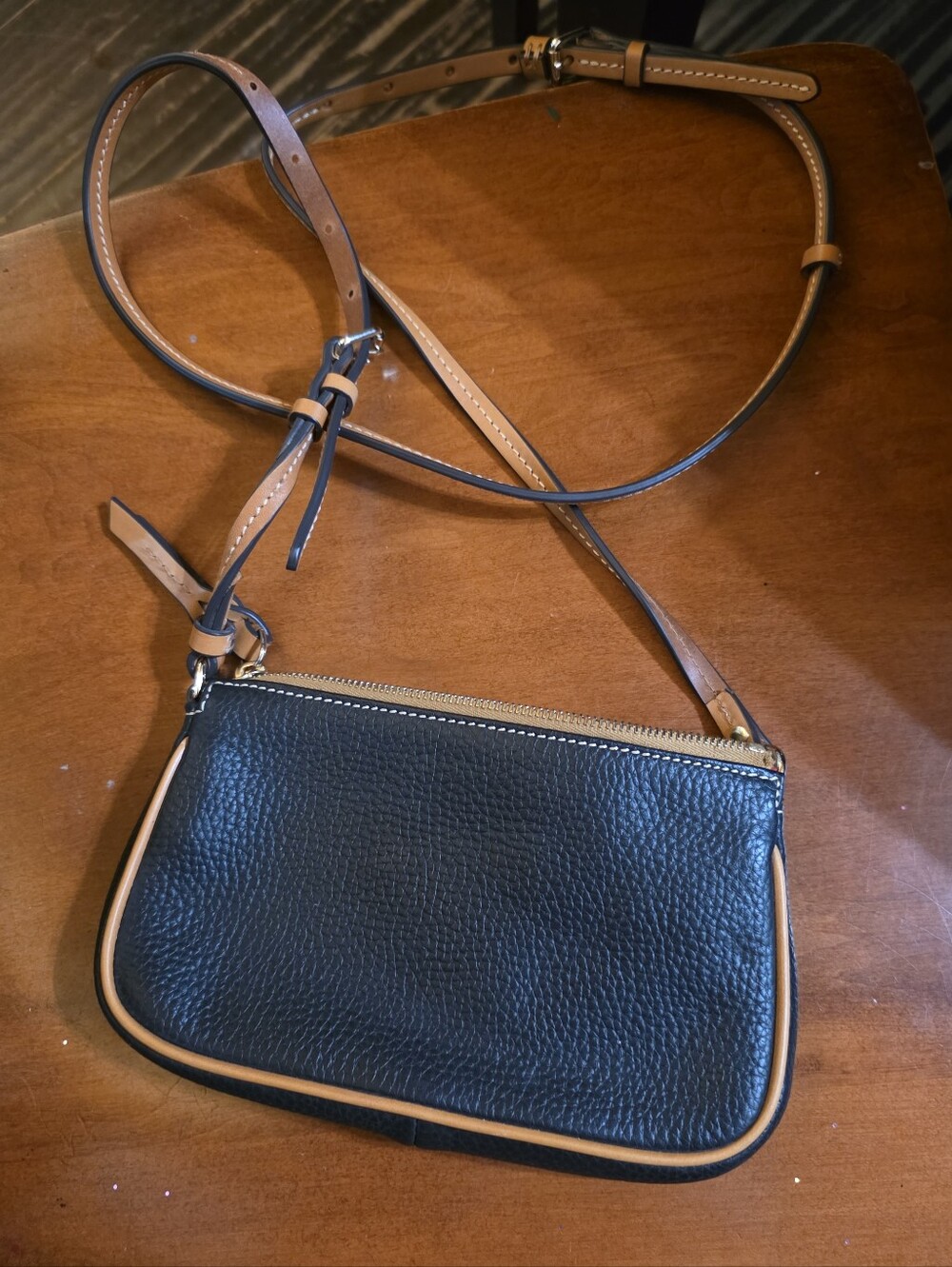 Dooney & Bourke Black Pebbled Leather Crossbody Bag with Tan Trim - Picture 2 of 3